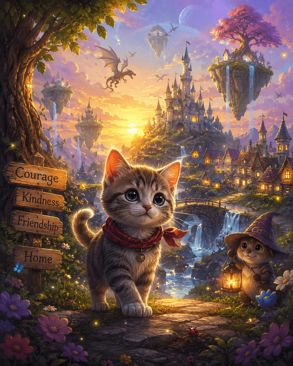 Marcus the kitten before a colourful floating-island city in the illustrated fairy-tale artwork.