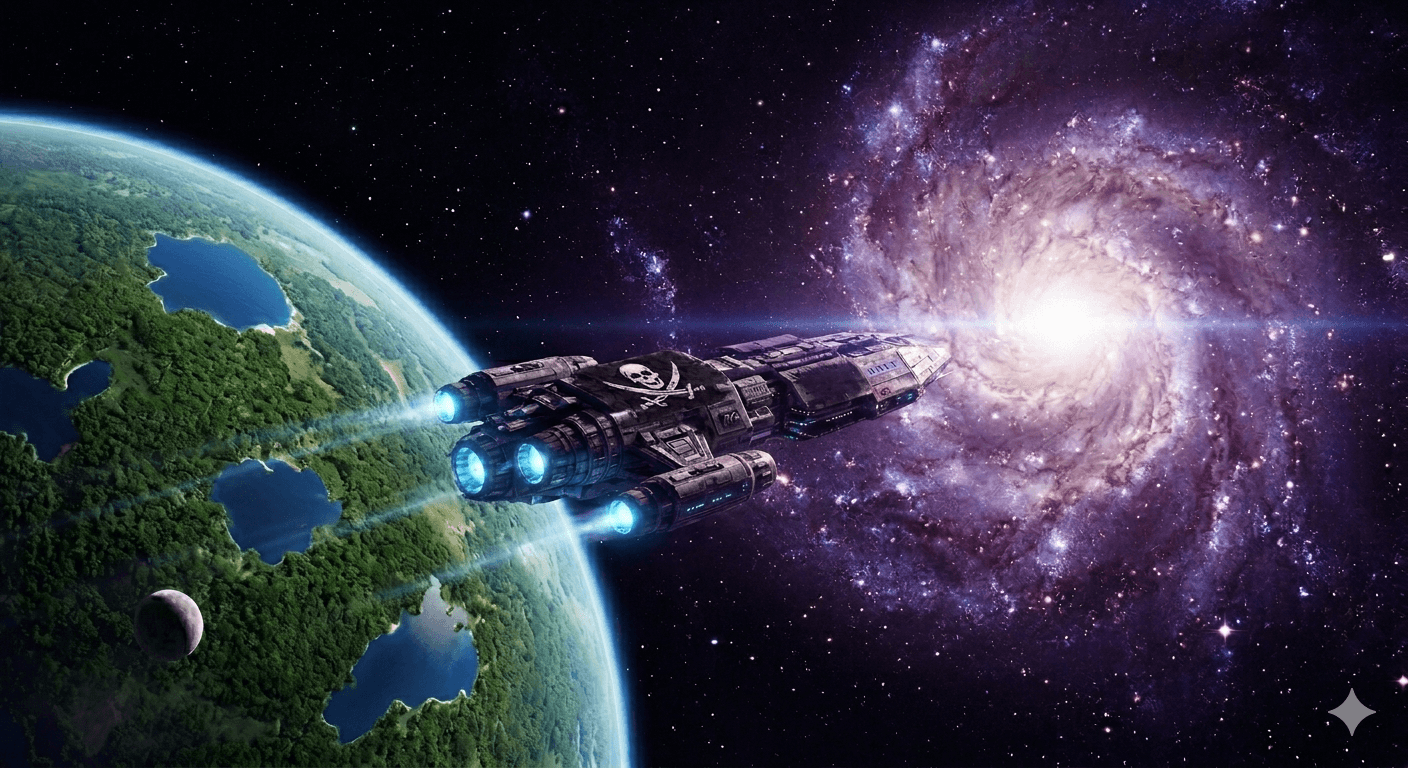A spacecraft approaching a planet beneath a purple star field in the Singularity Corsairs artwork.